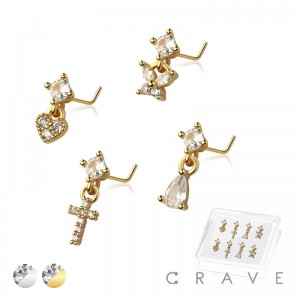 8PCS OF ASSORTED CZ DANGLE 316L SURGICAL STEEL L-SHAPE NOSE STUD BOX